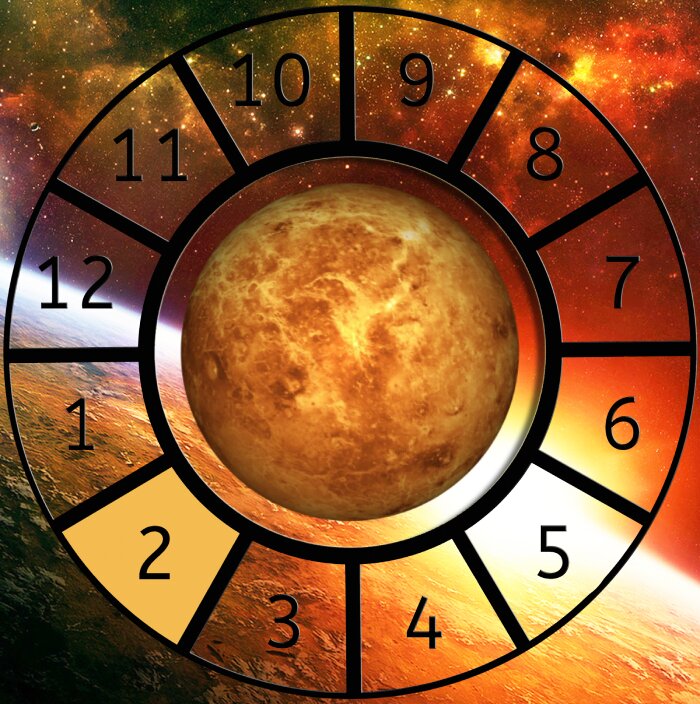 Venus shown within a Astrological House wheel highlighting the 2nd House